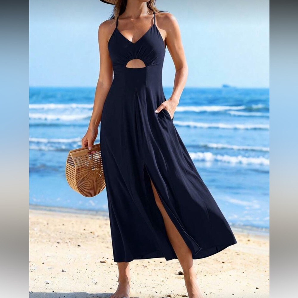 Navy Blue Maxi Dress with Front Slit